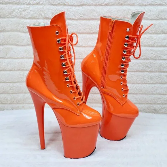 Flamingo Bright Orange Patent Towering 8" High Heel Platform Ankle Boots - Picture 7 of 11